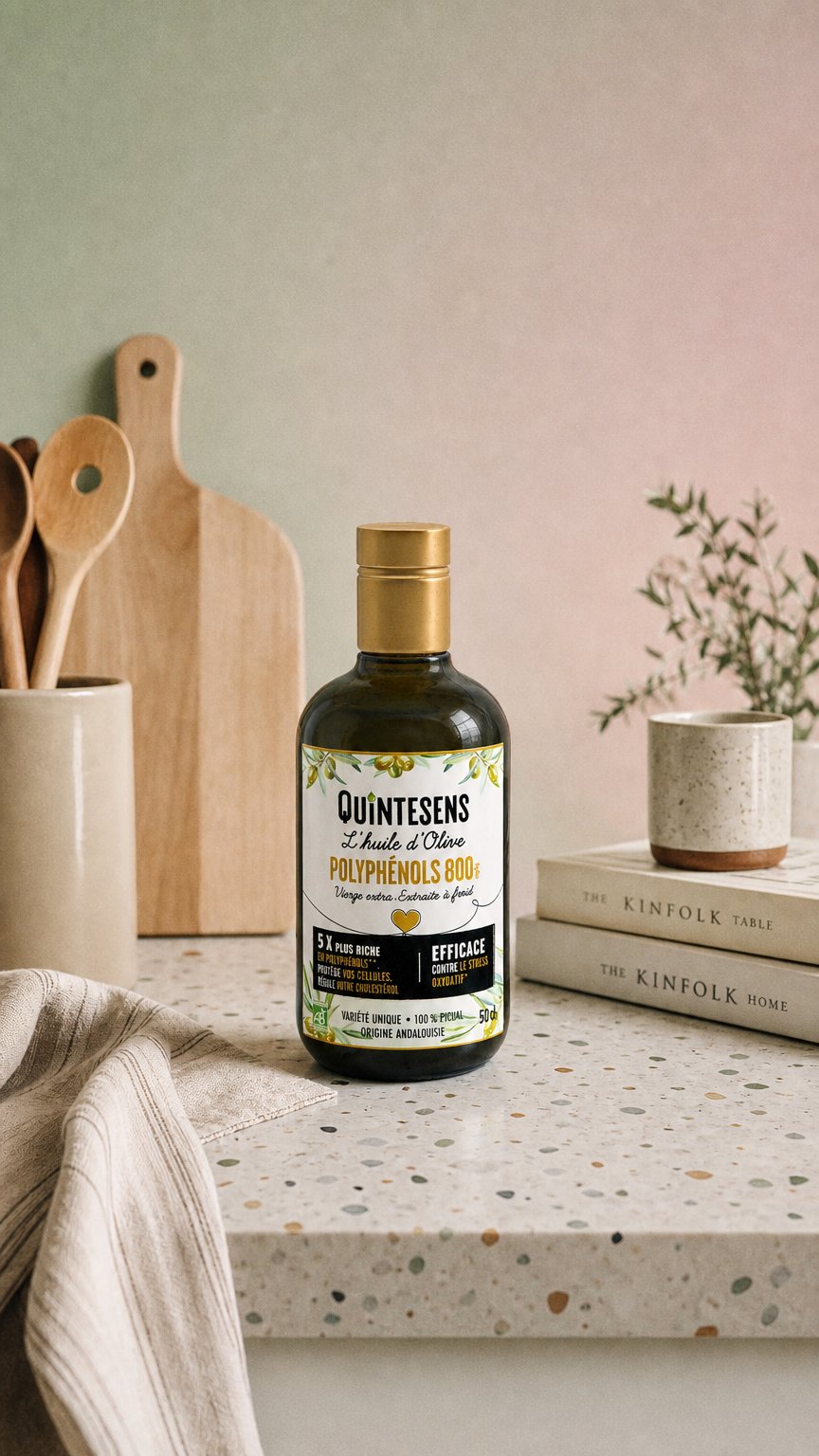 AI product shot of L'huile d'olive polyphénols 800