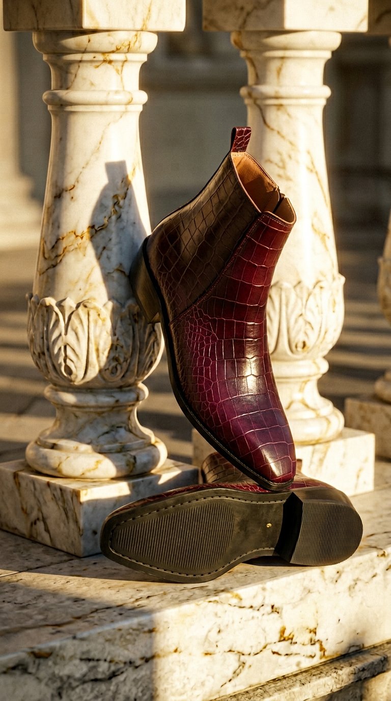 AI product shot of Winecaster Royale – Oxblood Croc-Embossed Leather Zip Boot