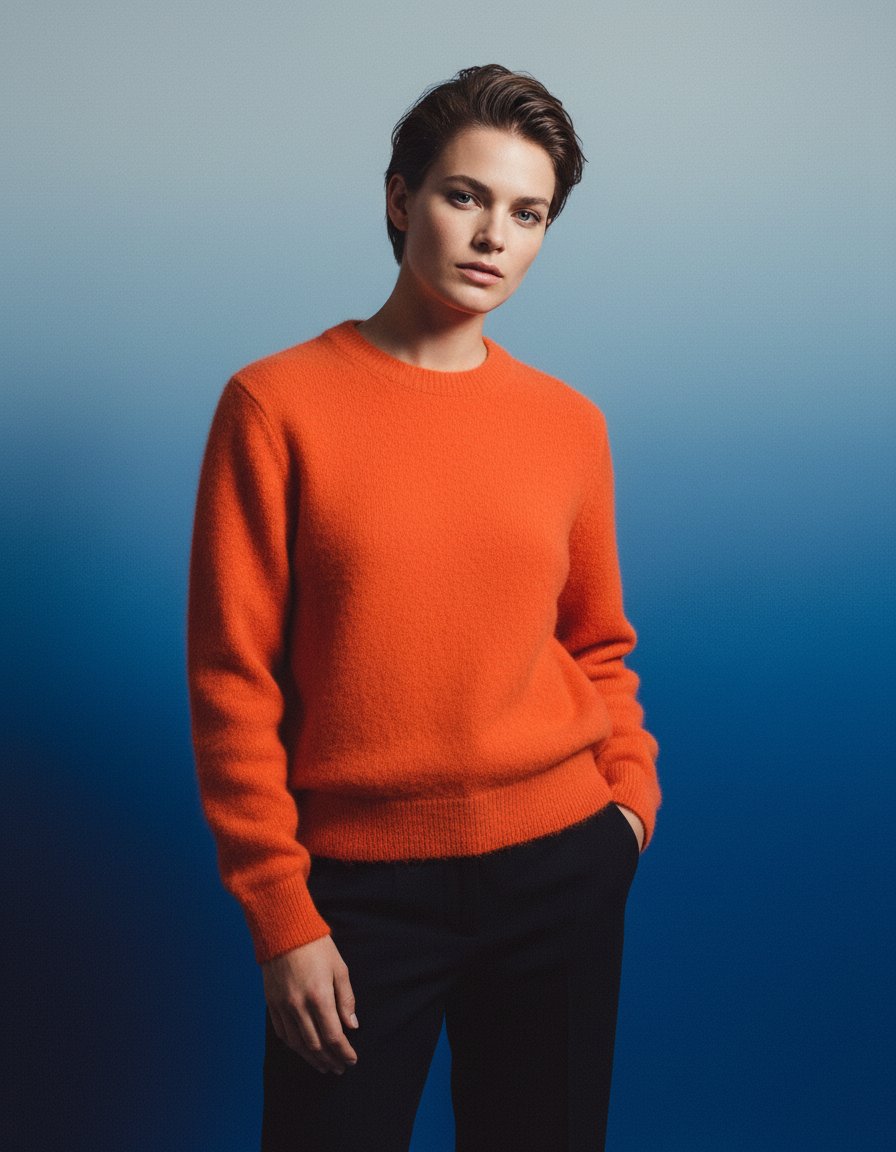 AI product shot of Wilde - Orange Fluffy Wool Crewneck