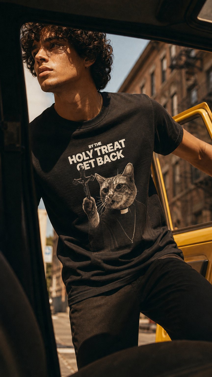 AI product shot of Cat Priest T‑Shirt — “By the Holy Treat I Get Back” Retro Graphic Tee