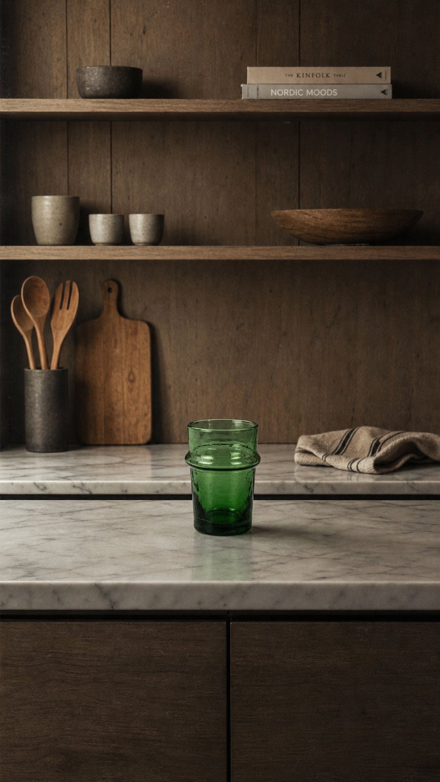AI product shot of Traditionelles Beldi Glas mit Mulde - mundgeblasen, handgemacht in Marokko