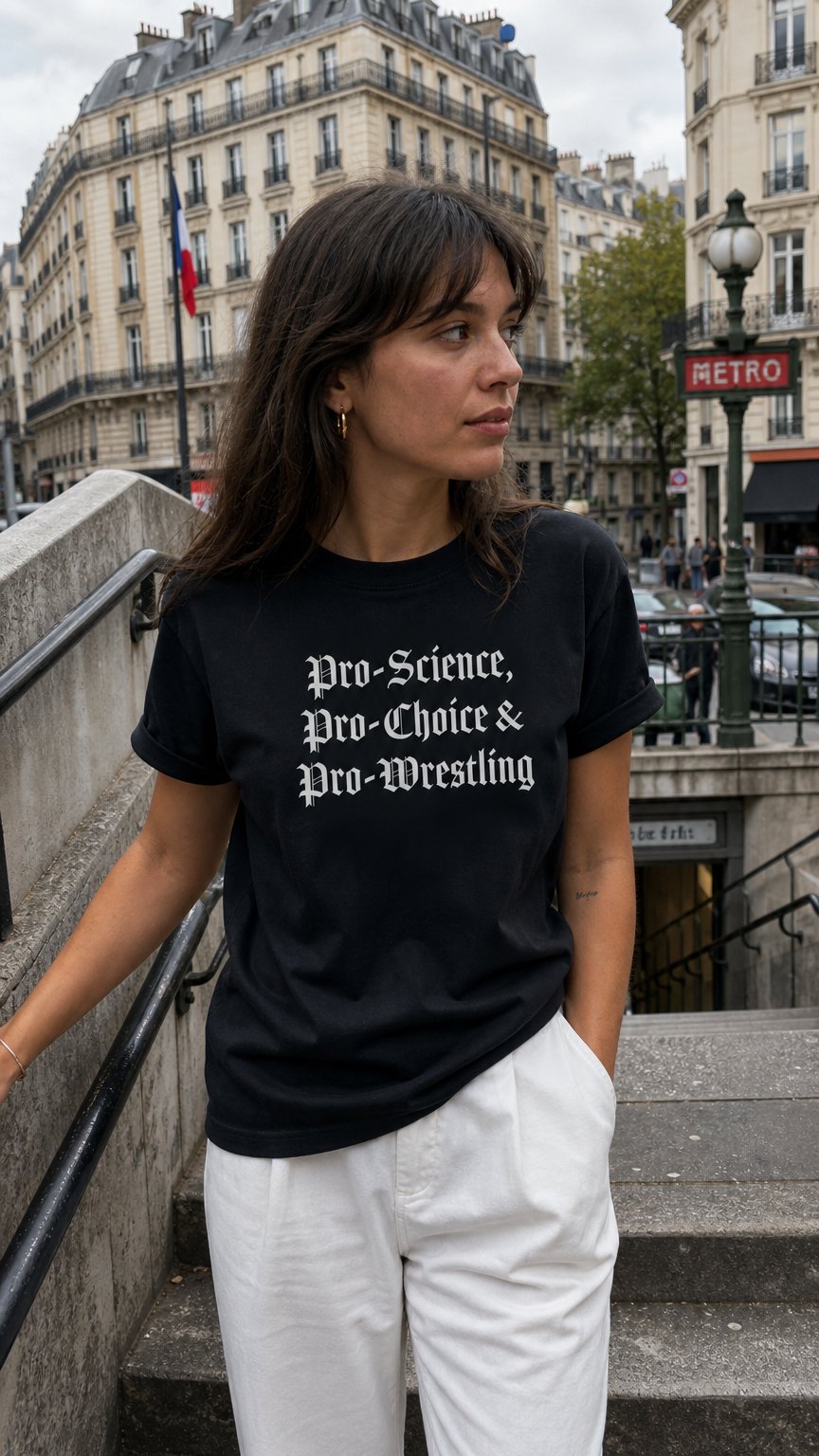 AI product shot of "Pro-Science, Pro-Choice, Pro-Wrestling" Crop Top