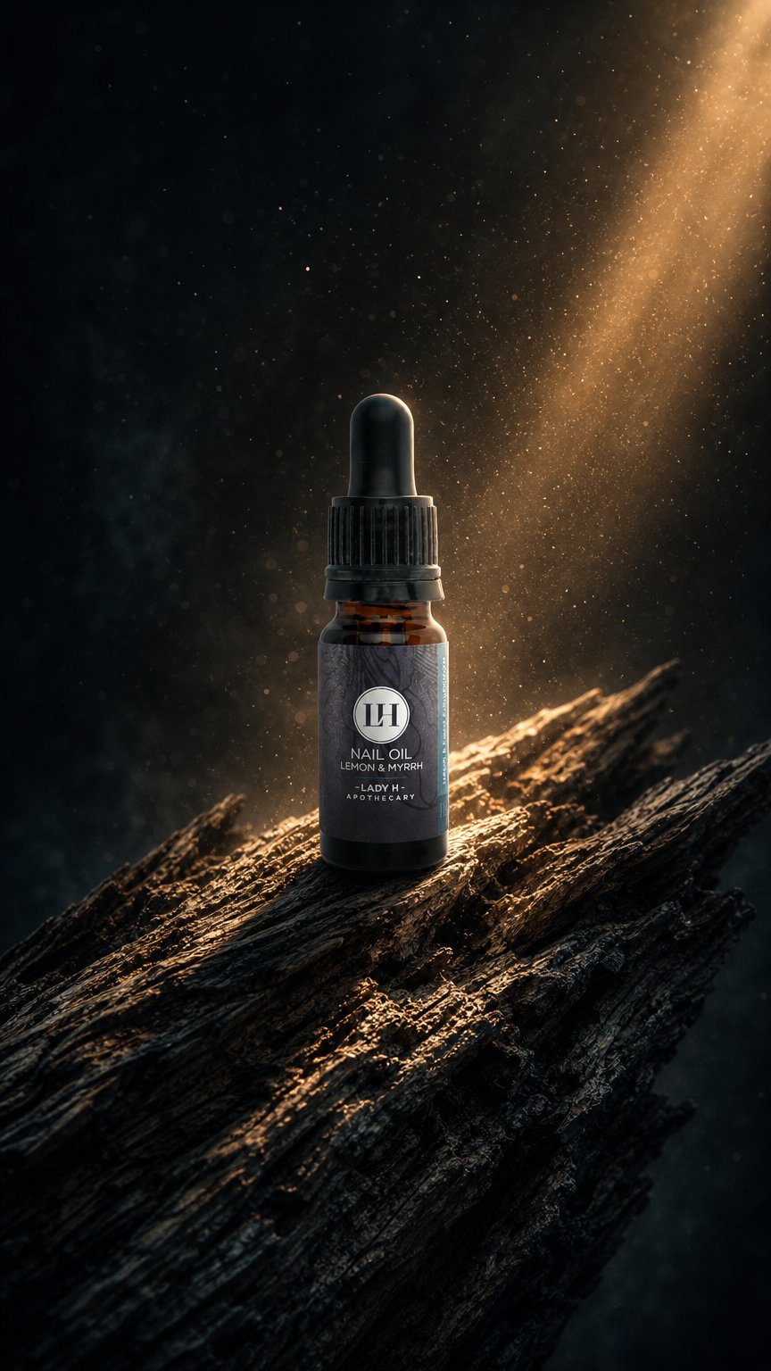 AI product shot of Lemon & Myrrh Nail Oil 30ml
