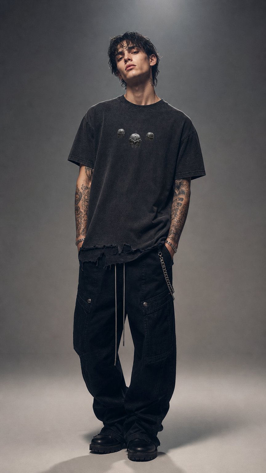 AI product shot of The Demigod Vintage Wash Boxy Distressed Hem T-Shirt
