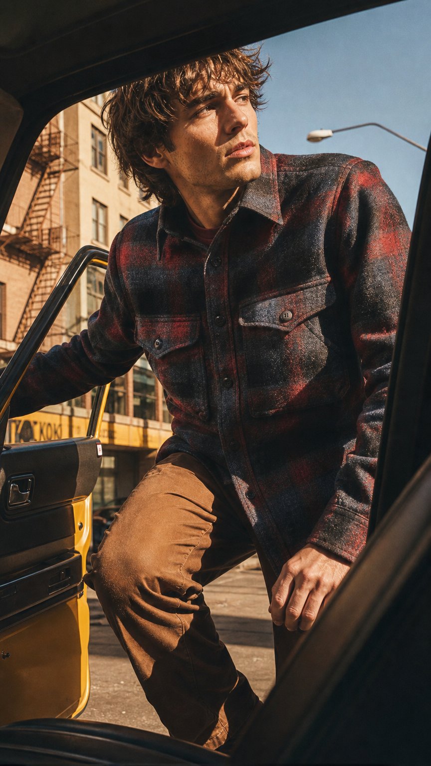 AI product shot of Freewheelers “HIGHBALLER” Ombre Check Wool Logger Shirt (Black X Grey X Red)