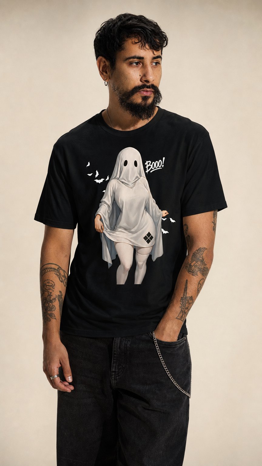 AI product shot of "Ghost Baddie" Premium Tee
