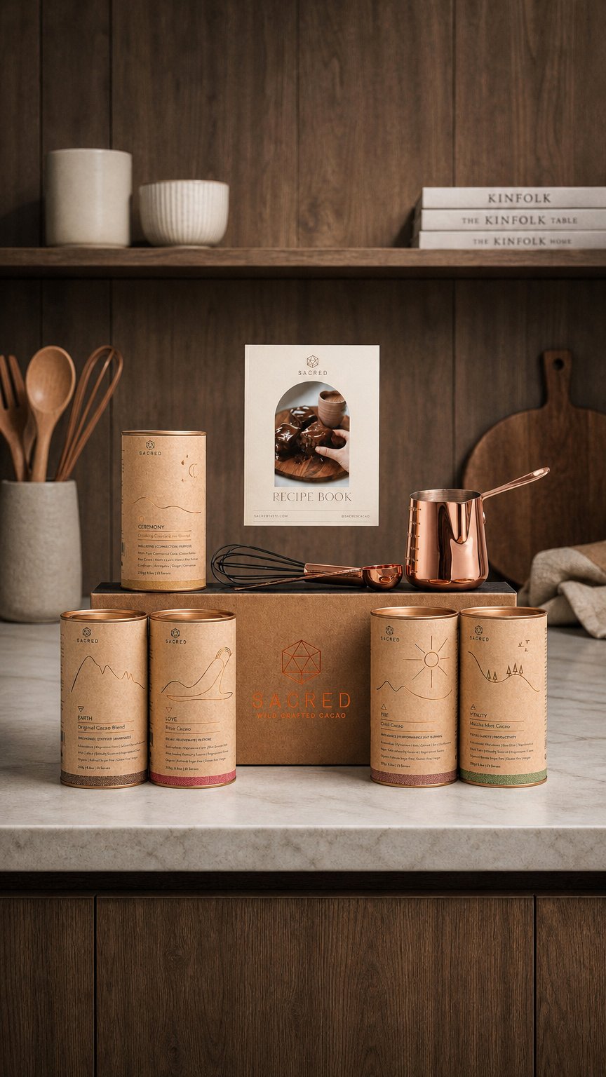 AI product shot of Sacred Cacao Bundle + Ultimate Cacao Kit
