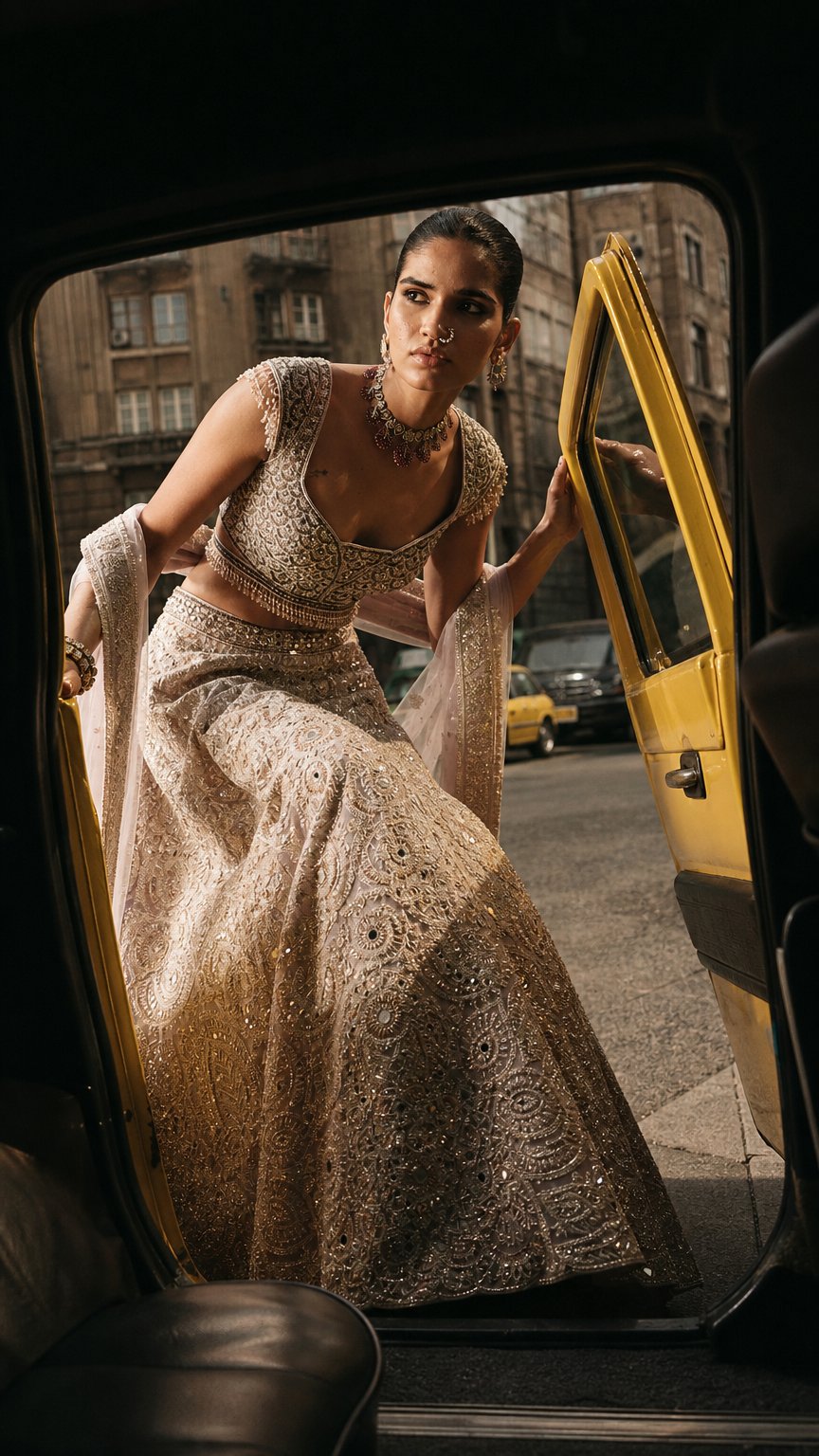 AI product shot of CHAMPAGNE OPAL EMBROIDERED LEHENGA SET