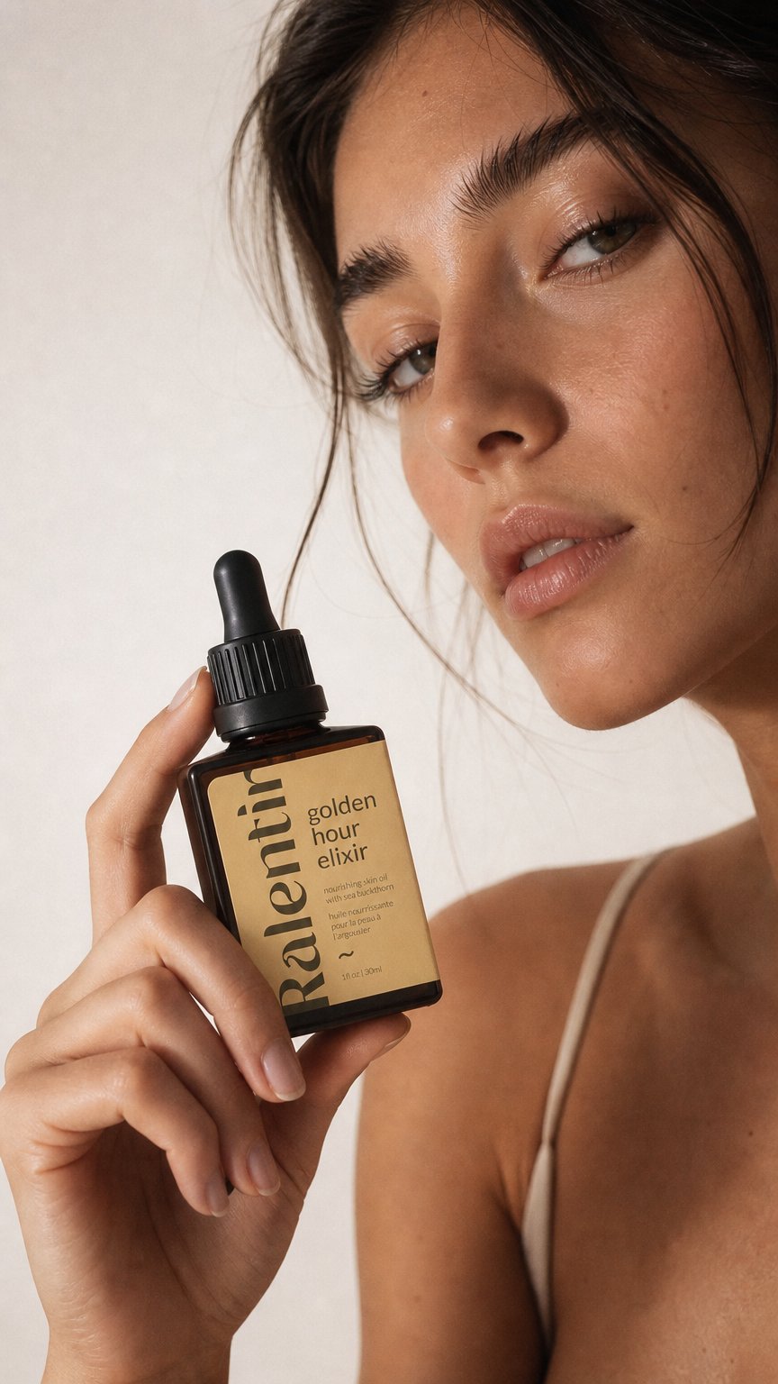 AI product shot of Golden hour elixir skin oil (sea buckthorn & lavender)