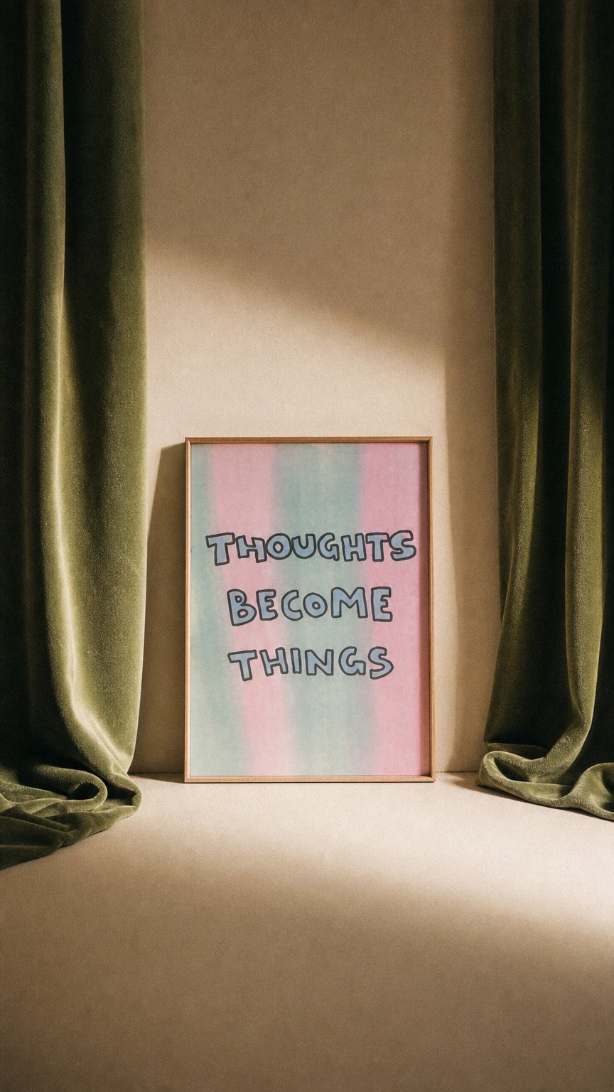 AI product shot of Thoughts Become Things, Physical Wall Print, motivational quote poster