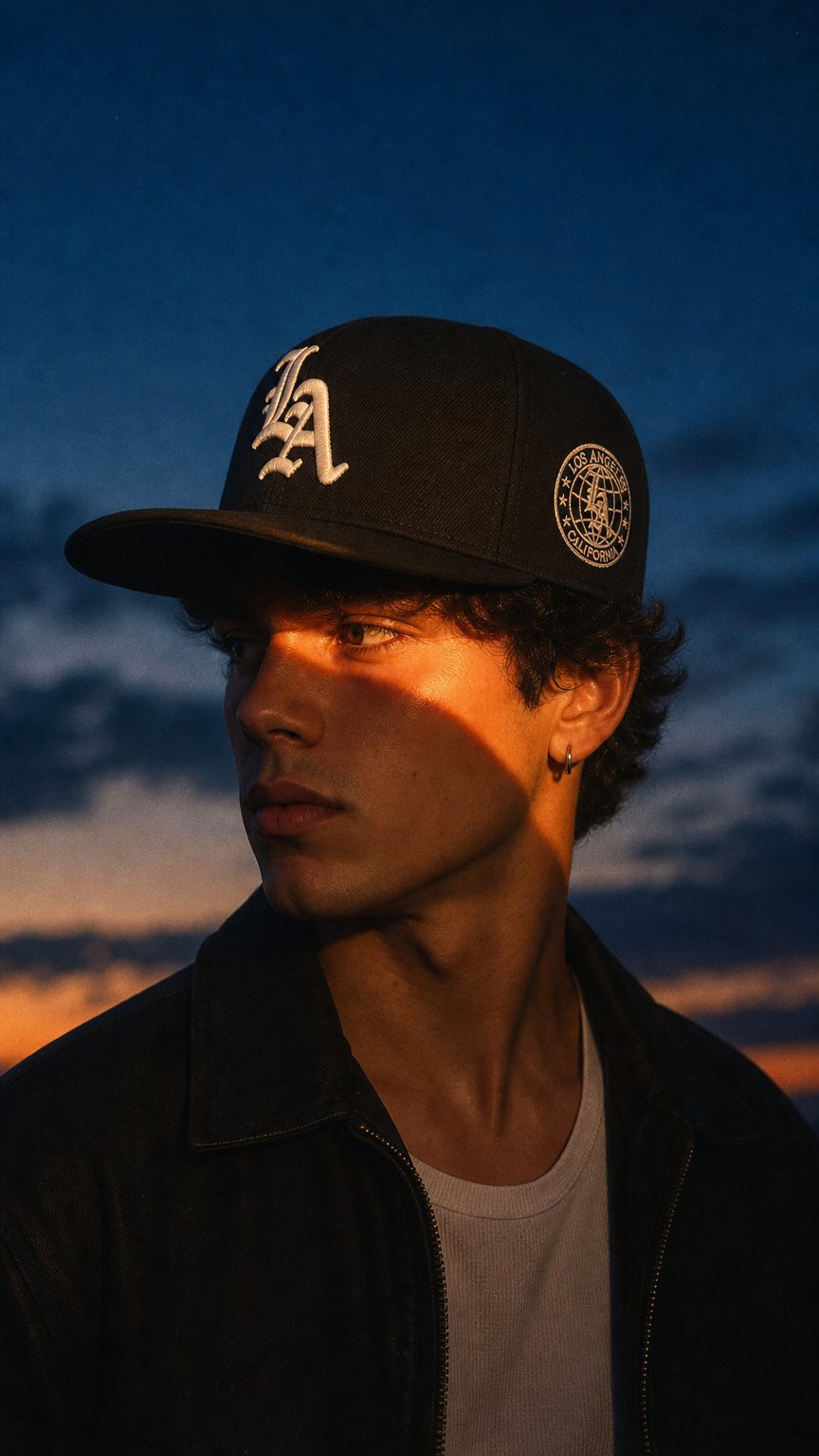 AI product shot of 2025 New Los Ange Earth Letter Embroidered Cotton Flat Edge Hat Women Simple Baseball Hat Sunshade Hat Men's Outdoor HipHop Hat