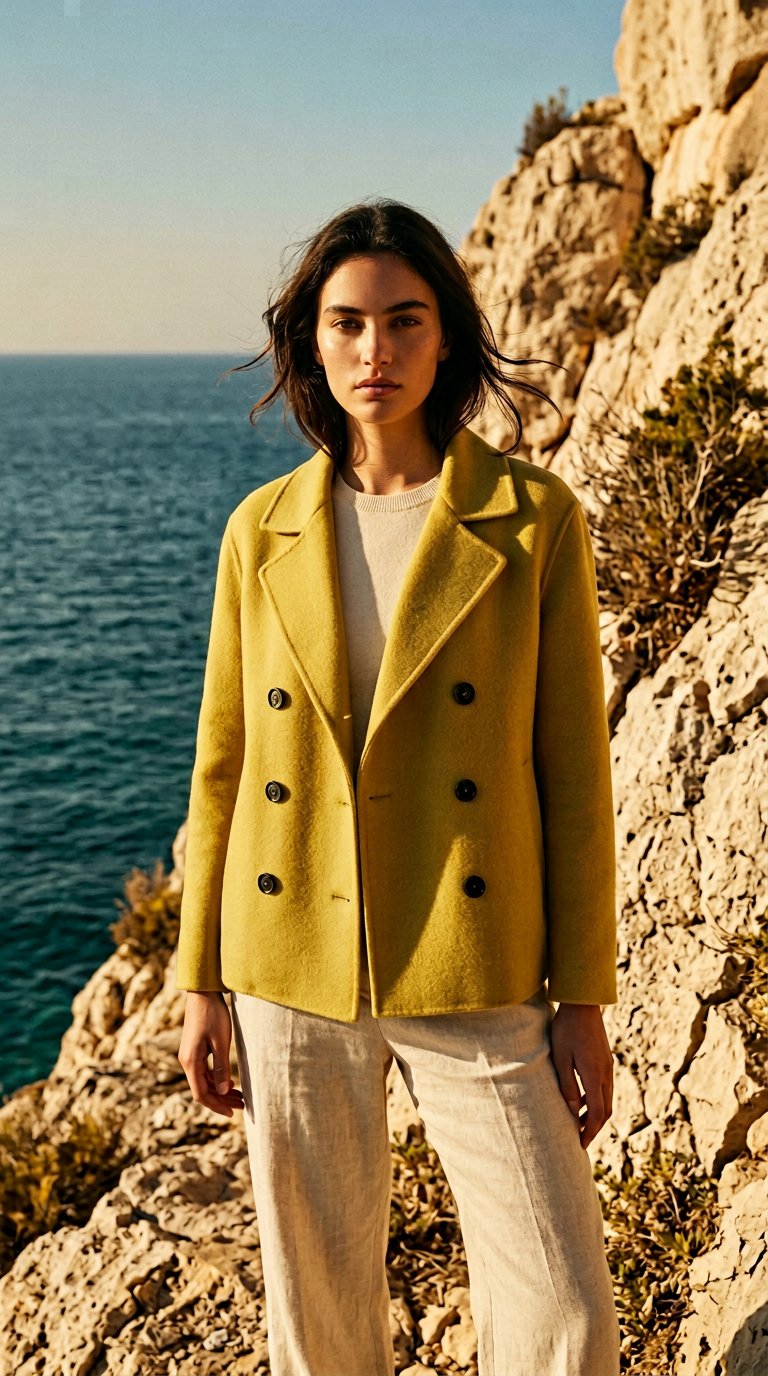 AI product shot of Bottega Veneta Doublebreasted cashmere jacket Yellow