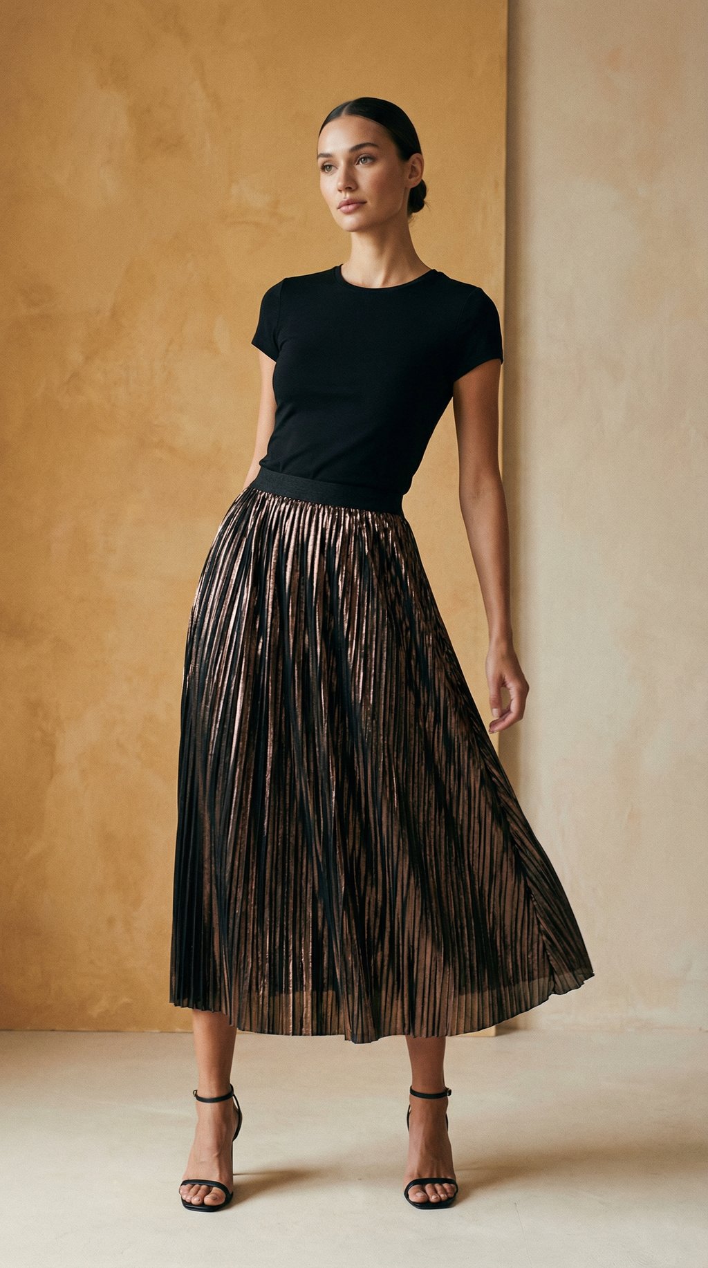 AI product shot of Metallic Pleated Midi Skirt