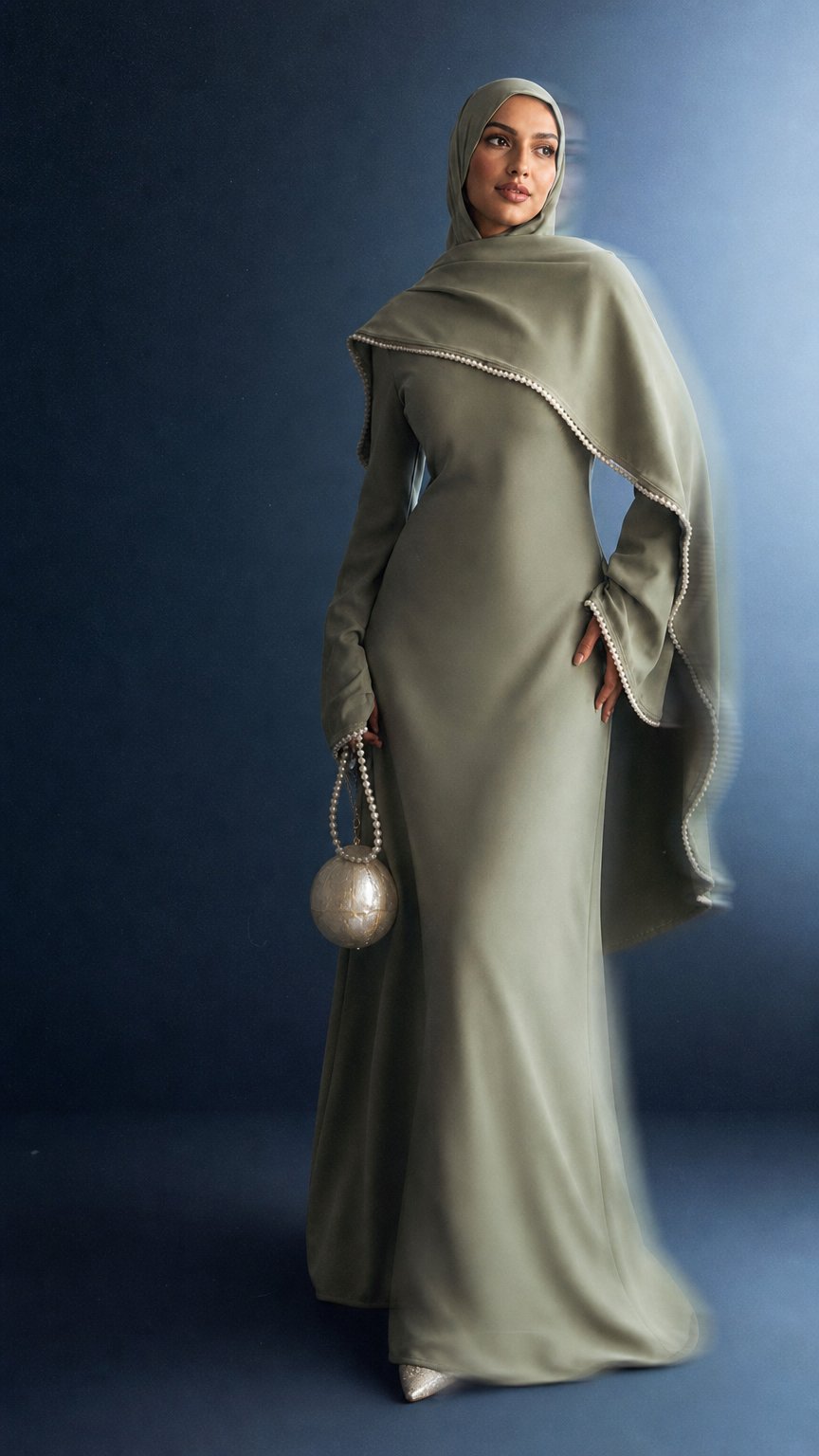 AI product shot of Custom Logo Cape Sleeve Muslim Abaya Set Handmade Pearl Trim Elegant Eid Maxi Evening Dress Islamic Clothing OEM Factory