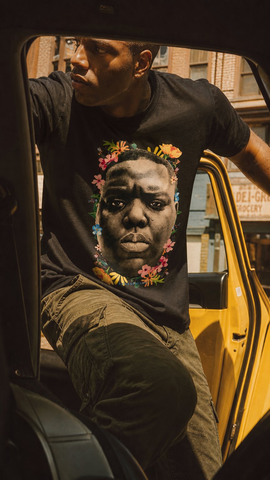 AI product shot of "Big Flowers" T-shirt ART