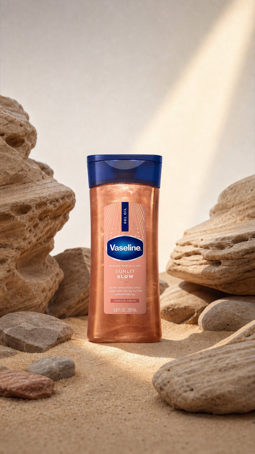 AI product shot of Vaseline Sunlit Glow Body Shimmer Gel Oil 200ml