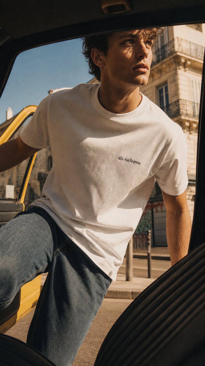 AI product shot of T-shirt côte des basques brodé blanc