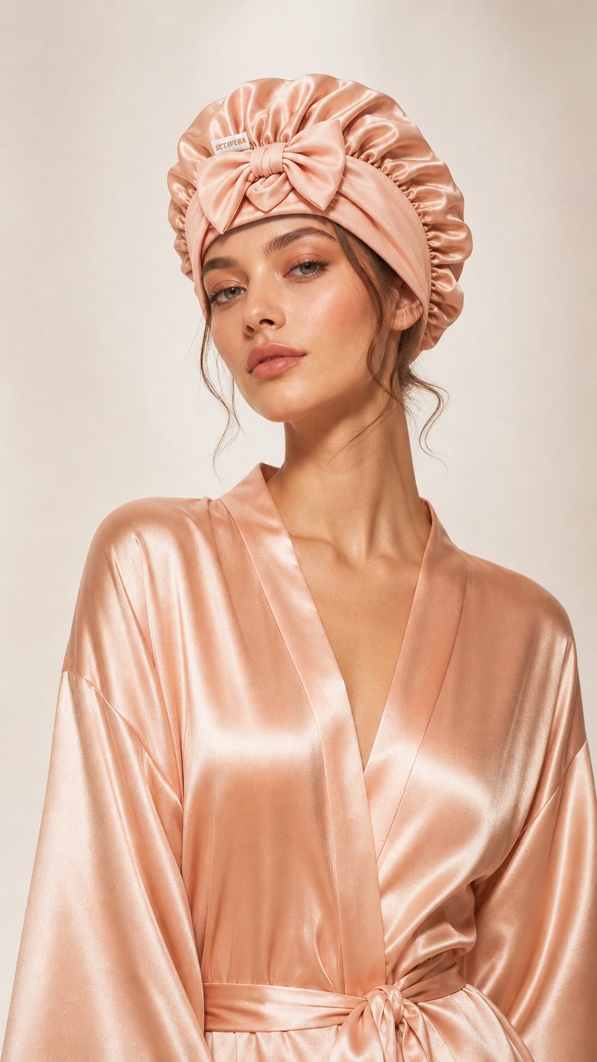 AI product shot of Kit Setavera – Bonnet, Heatless Curler e Scrunchie in Seta Mulberry 22 Momme