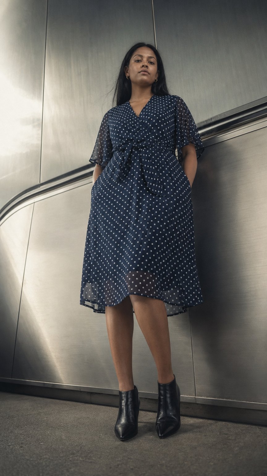 AI product shot of Belted polka dot faux half wrap dress