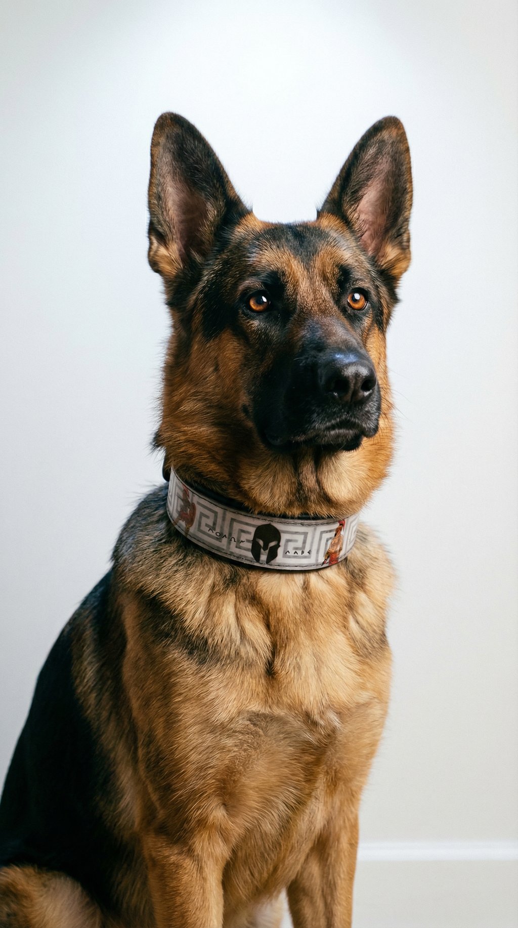 AI product shot of Handmade Leather Spartan Dog Collar – “Molon Labe” Spartan Helmet Design