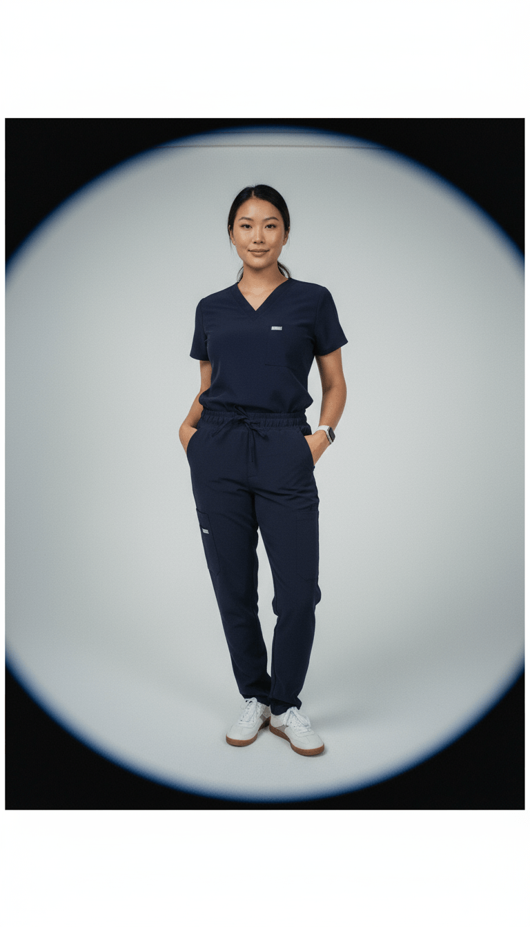 AI product shot of IRONIK Navy Blue Scrub Set - Top & Cargo Pants