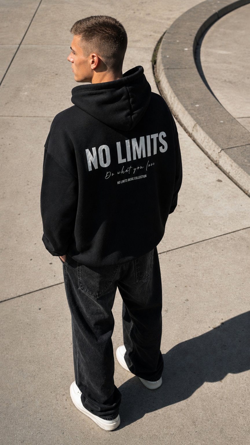 AI product shot of NOLIMITS BASIC HOODIE WHITE PRINT