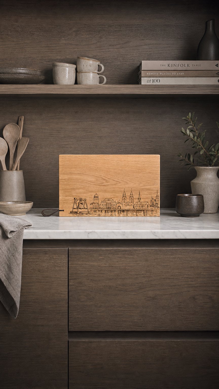 AI product shot of Sächsilüüte, Holz-Schneidebrett, rustikal, XL