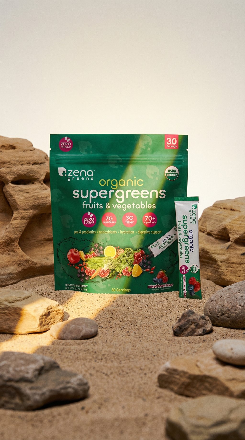 AI product shot of Supergreens Stickpack