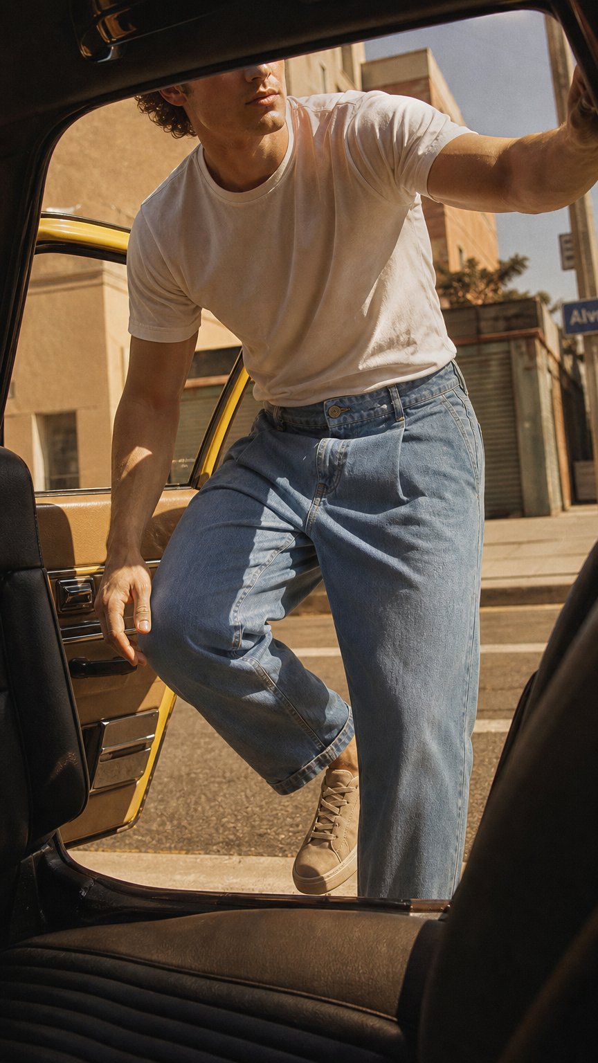 AI product shot of Vilnius 2335 Light Blue Pleated Jeans - Men's Denim, Relaxed Fit