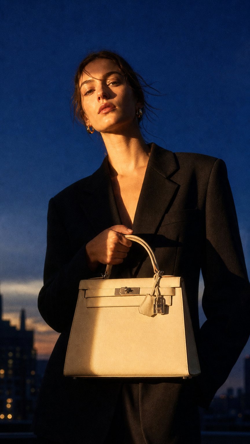 AI product shot of *HOT* Hermès Kelly 28 Sellier Bag in Craie Epsom Leather with Palladium Hardware