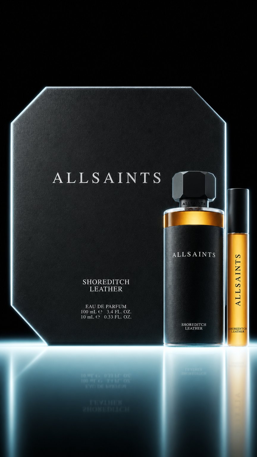 AI product shot of AllSaints Shoreditch Leather 100ml Gift Set