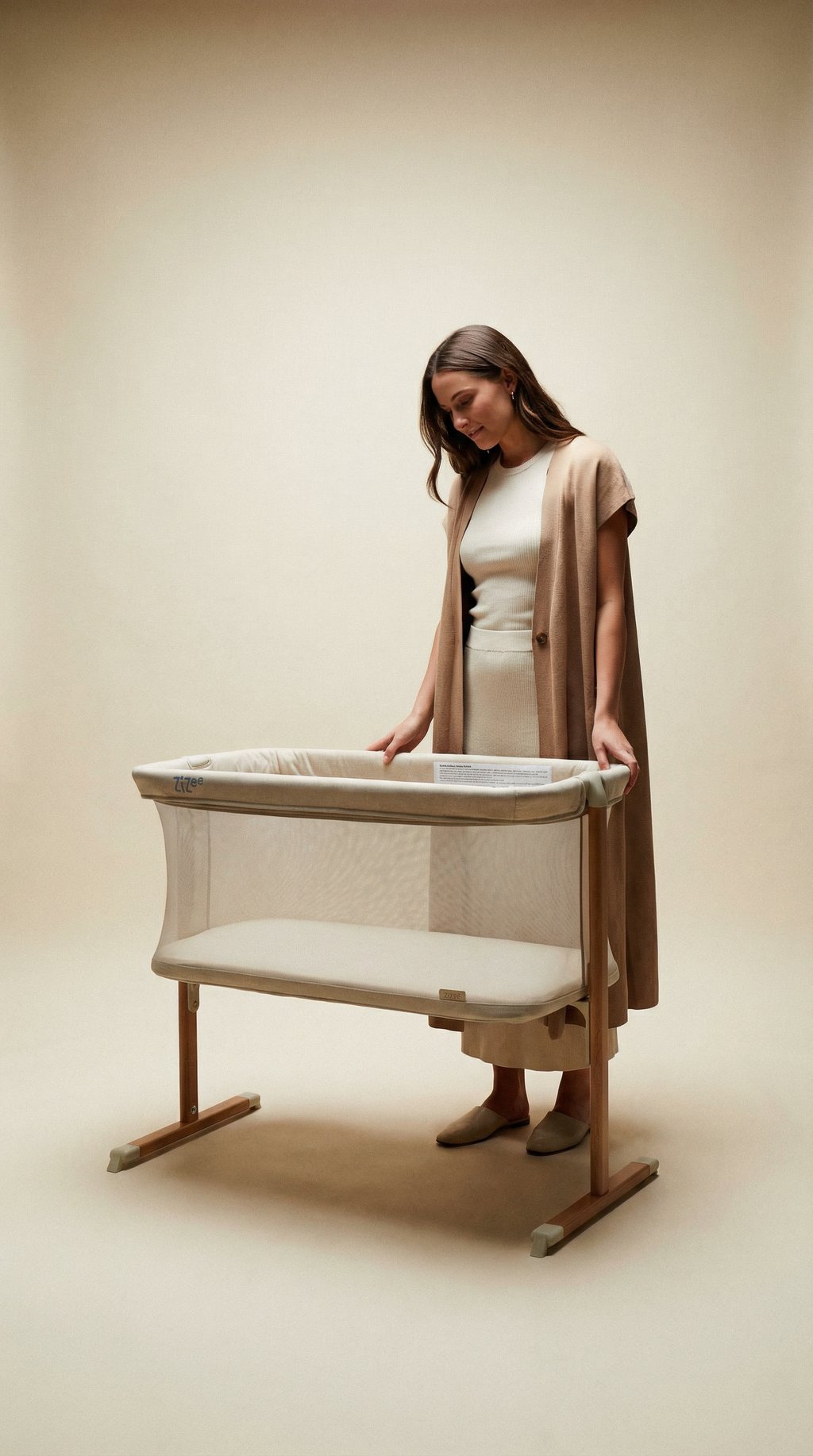AI product shot of Zizee Bassinet in Scandi Walnut and Ecru