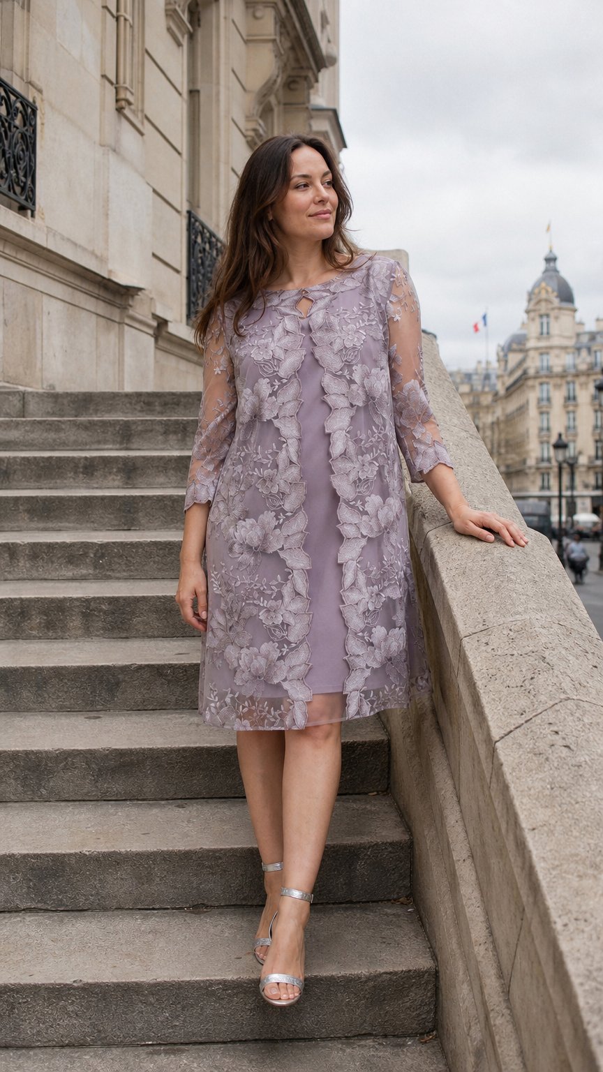 AI product shot of Plus - Embroidered Elongated Lace Mock Jacket with Jersey Sheath Dress