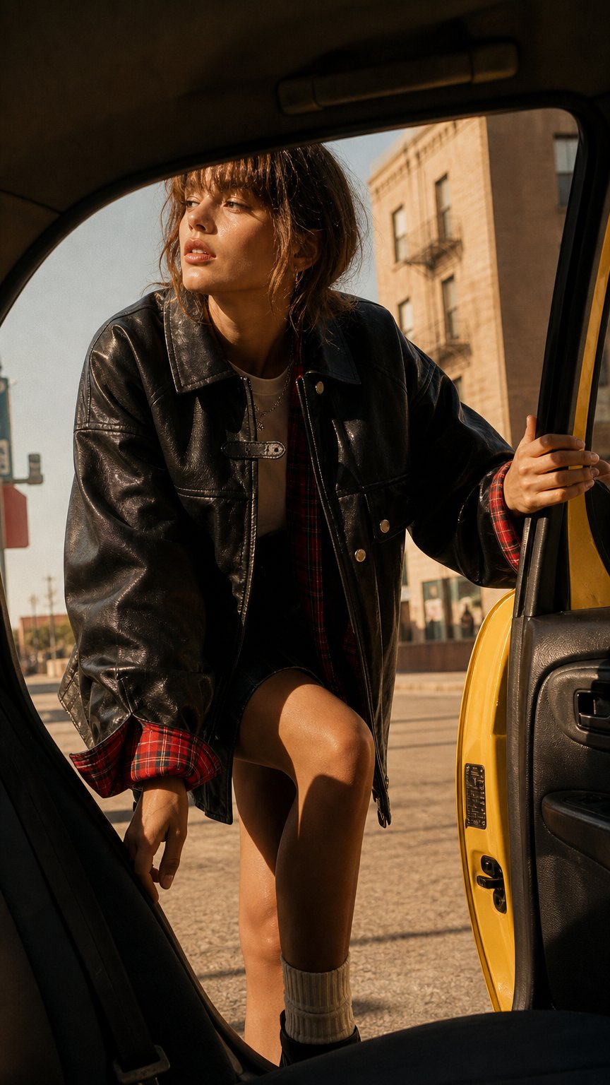 AI product shot of Lautaro-Plaid Patchwork Pu Leather Jacket for Women, Oversized, Soft, Reversible, Long Sleeve, Luxury Designer Clothing, Spring