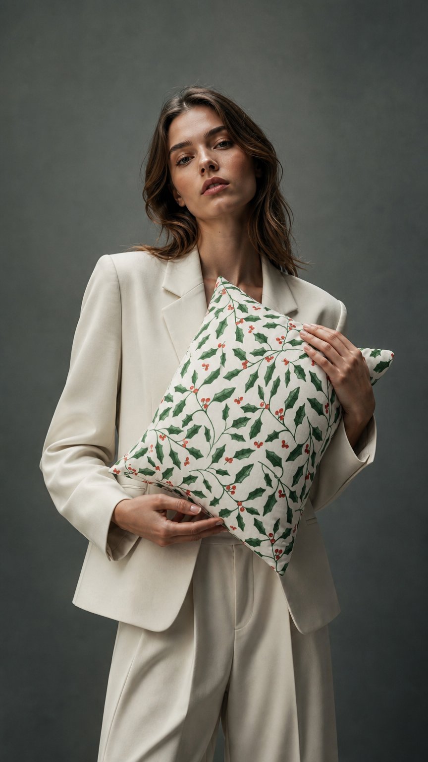 AI product shot of Świąteczna poszewka na poduszkę ostrokrzew