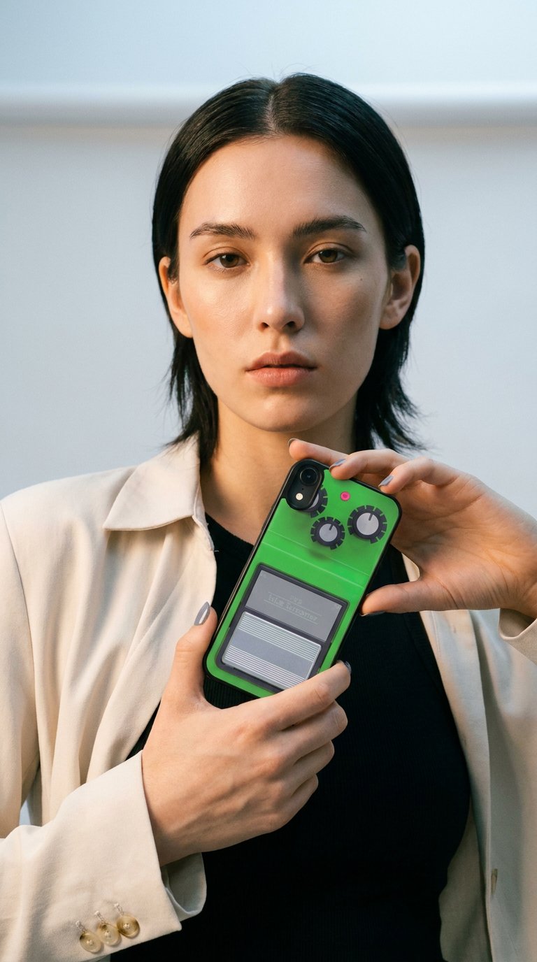 AI product shot of Green Guitar Pedal iPhone Case