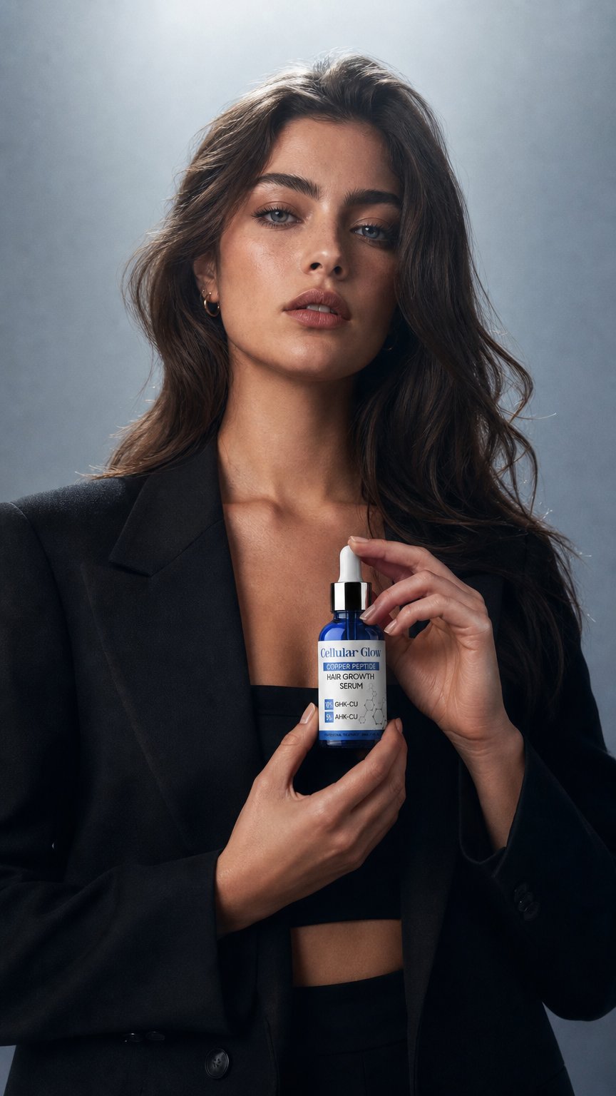 AI product shot of Cellular Glow Hair Serum – 10% GHK-Cu + 5% AHK-Cu Peptides