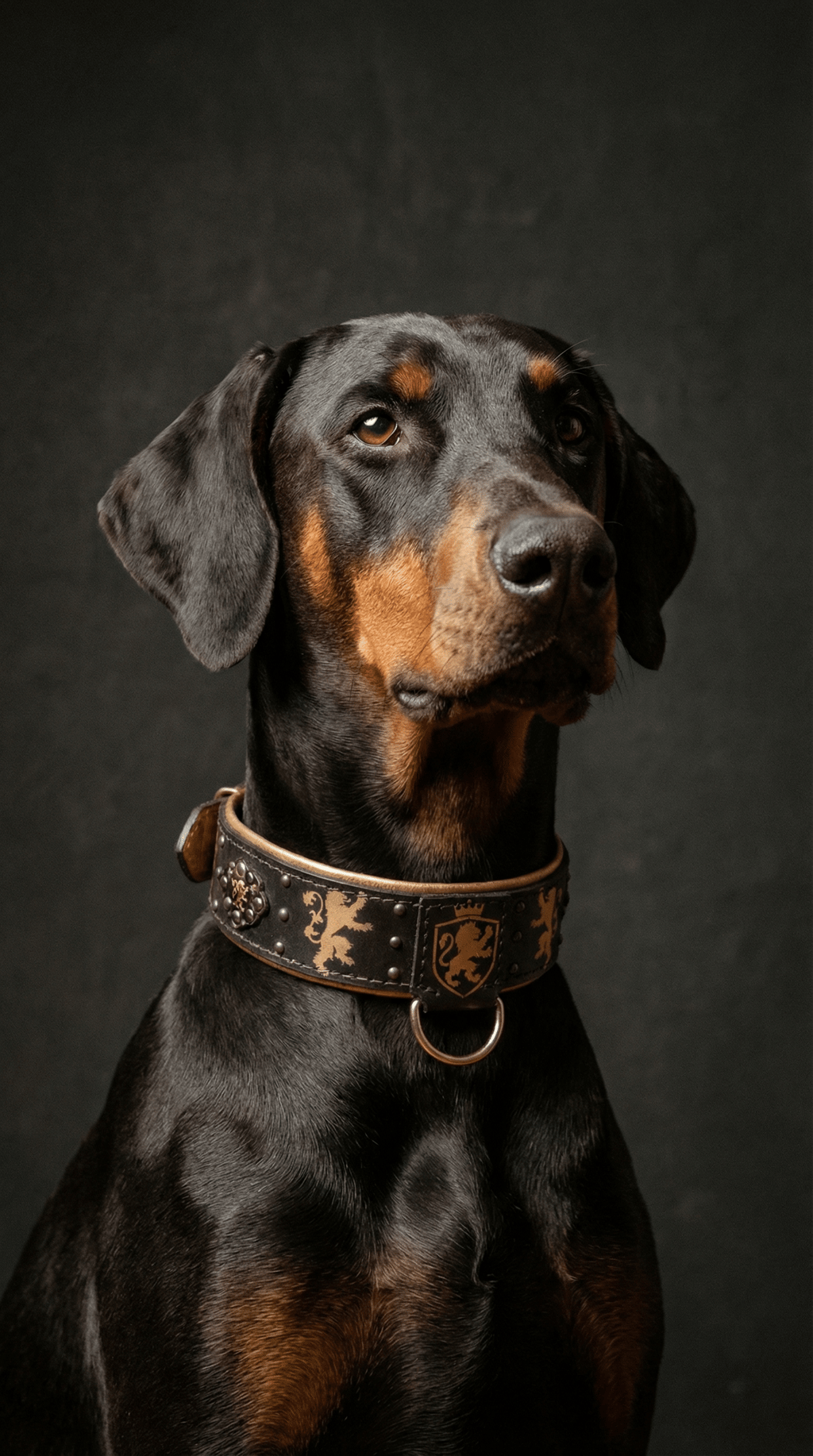 AI product shot of Heraldic Lions Leather Dog Collar