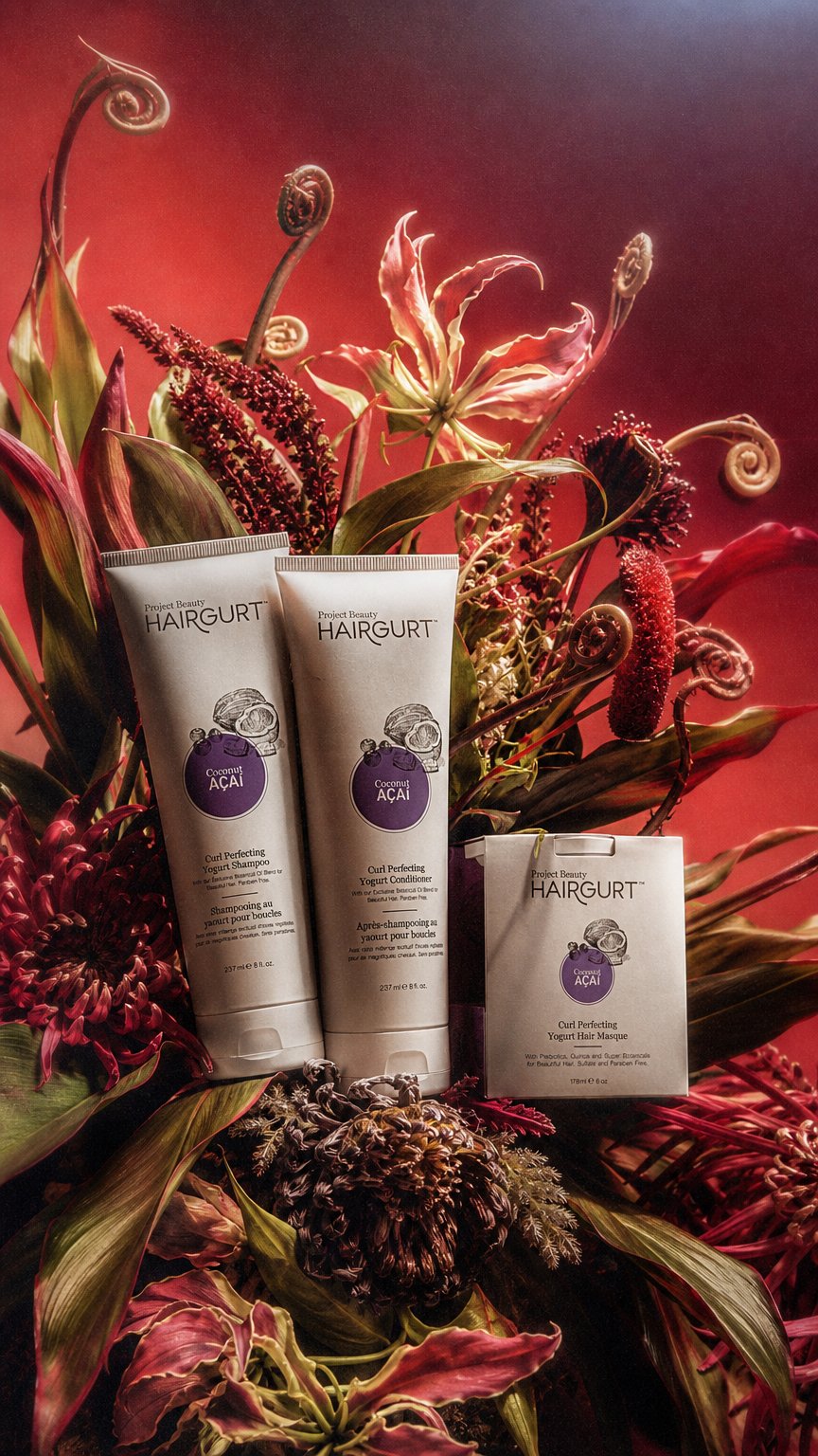 AI product shot of SET FOR CURL PERFECTING: SHAMPOO, CONDITIONER, AND HAIR MASQUE.
