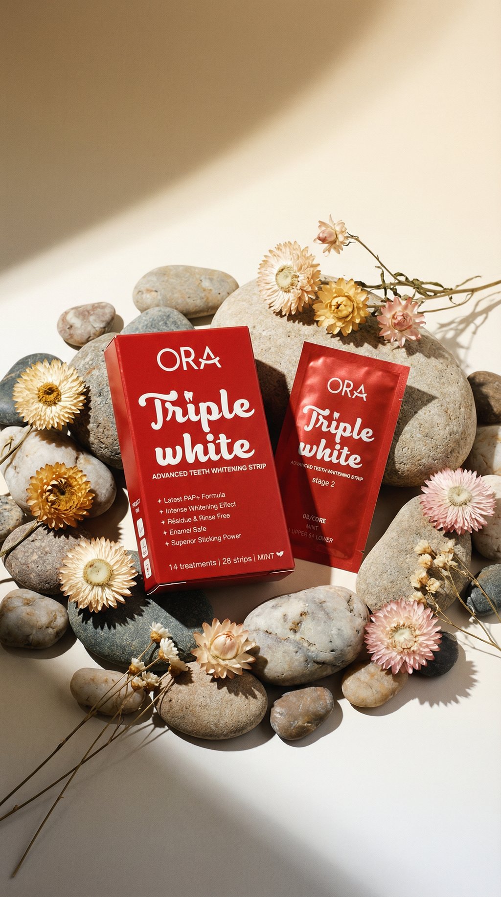 AI product shot of ORA Triple White Teeth Whitening Strips
