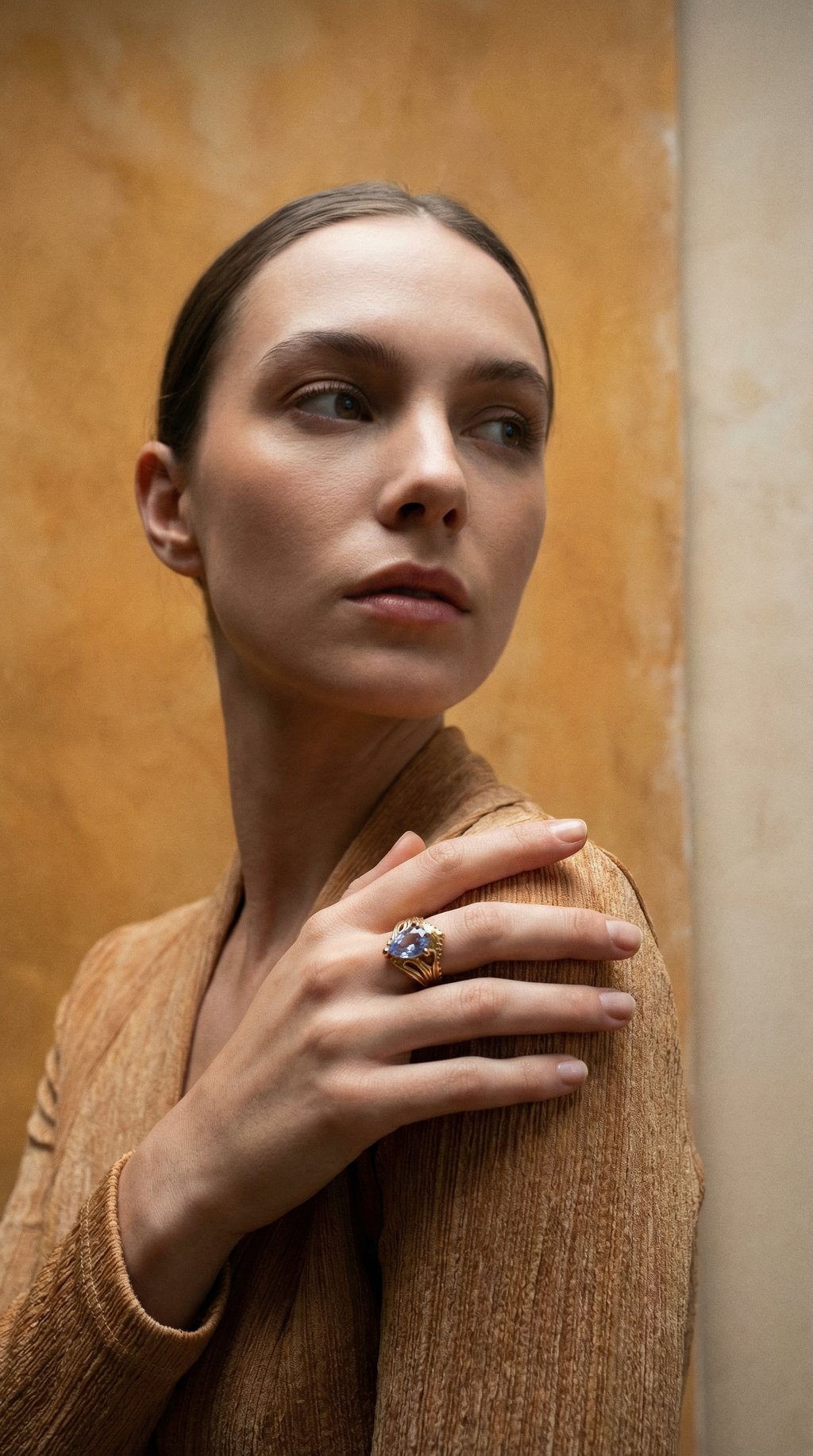 AI product shot of Large Pale Blue Sapphire Kelp Ring 14k Yellow Gold