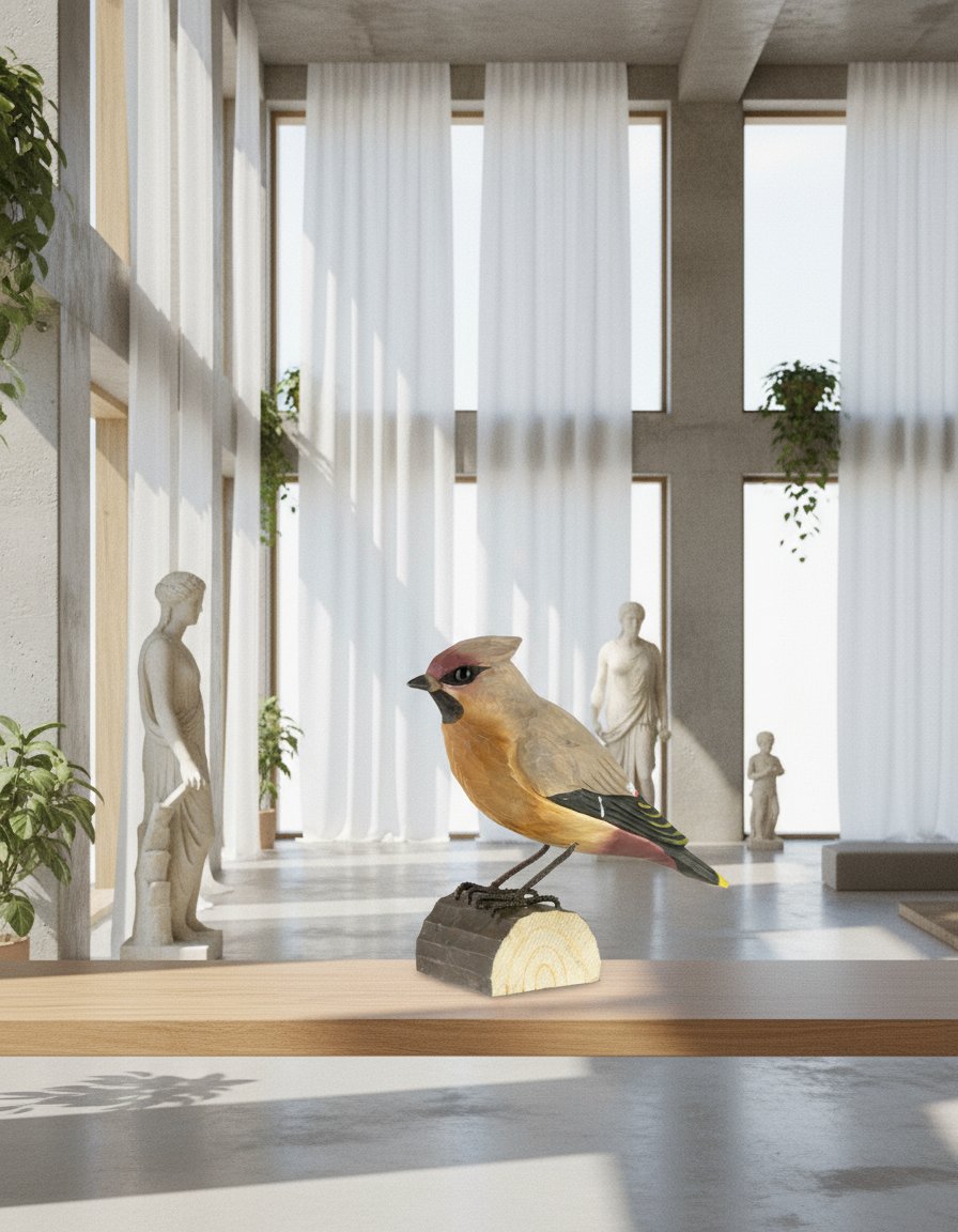 AI product shot of Silkehale DecoBird - Håndskåret Træfigur Af Wildlife Garden