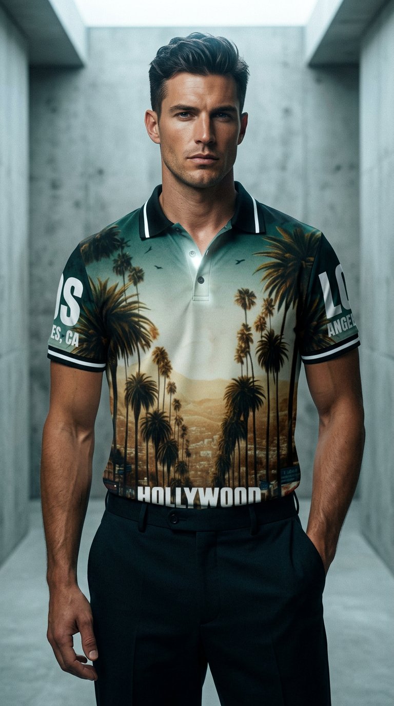 AI product shot of "Hollywood LA" Polo Shirt
