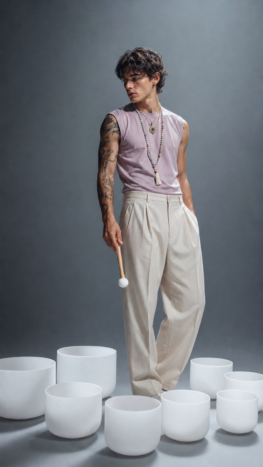 AI product shot of Set of 7 White Crystal Singing Bowls in Beige Bags