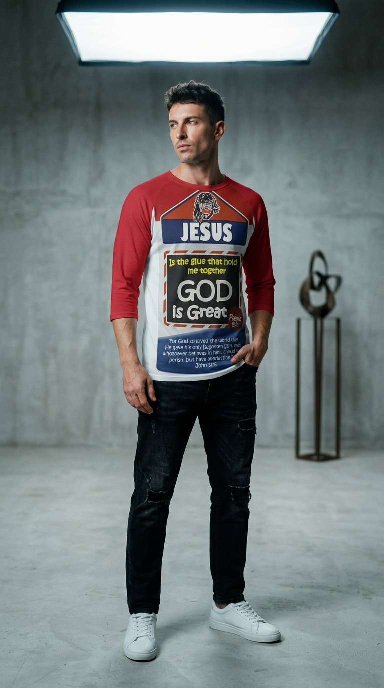 AI product shot of Jesus is the Glue Red Men's O-neck 3/4 Raglan Sleeve T-shirt
