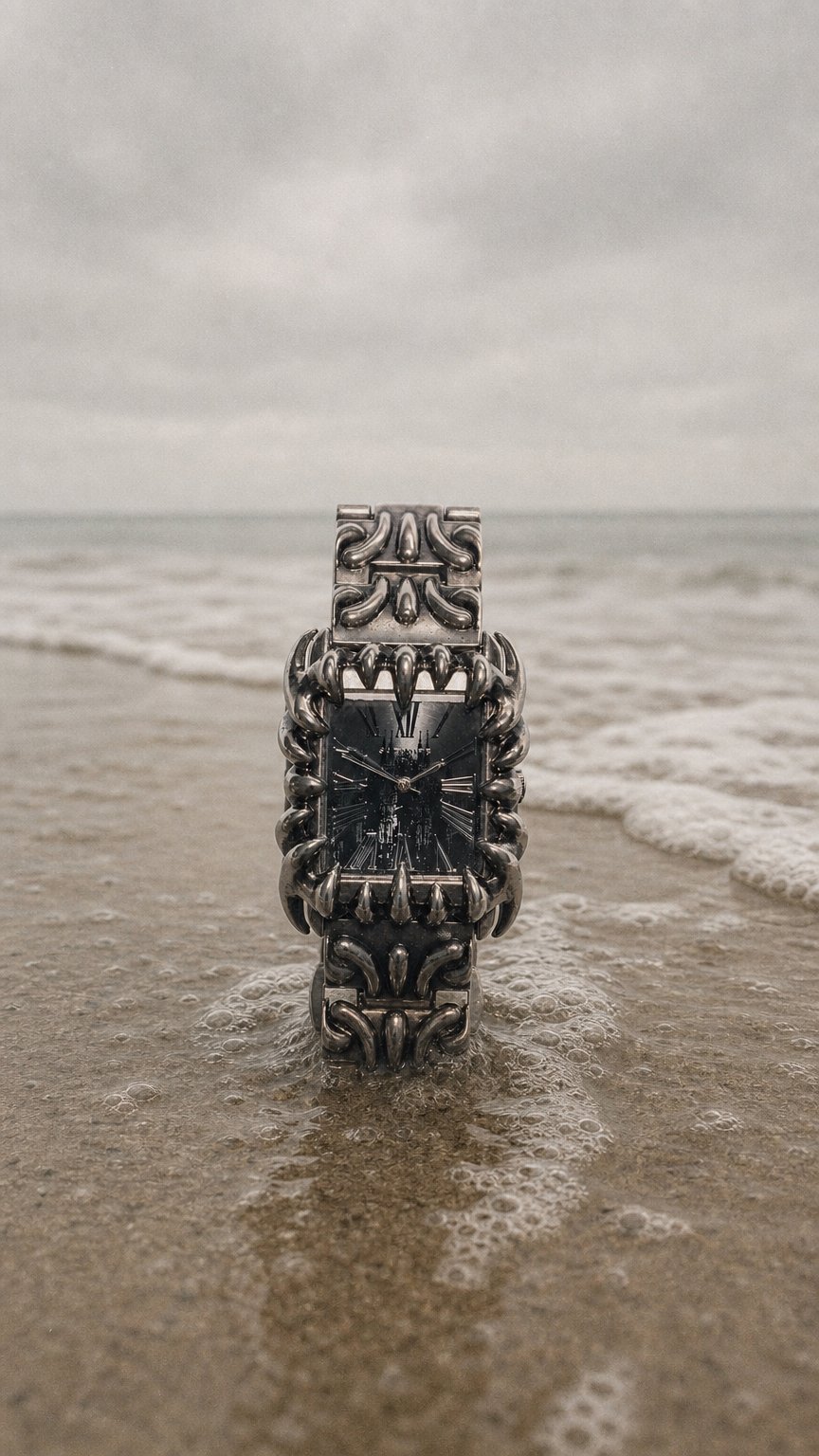 AI product shot of "CLAW CATHEDRAL" TANK WATCH