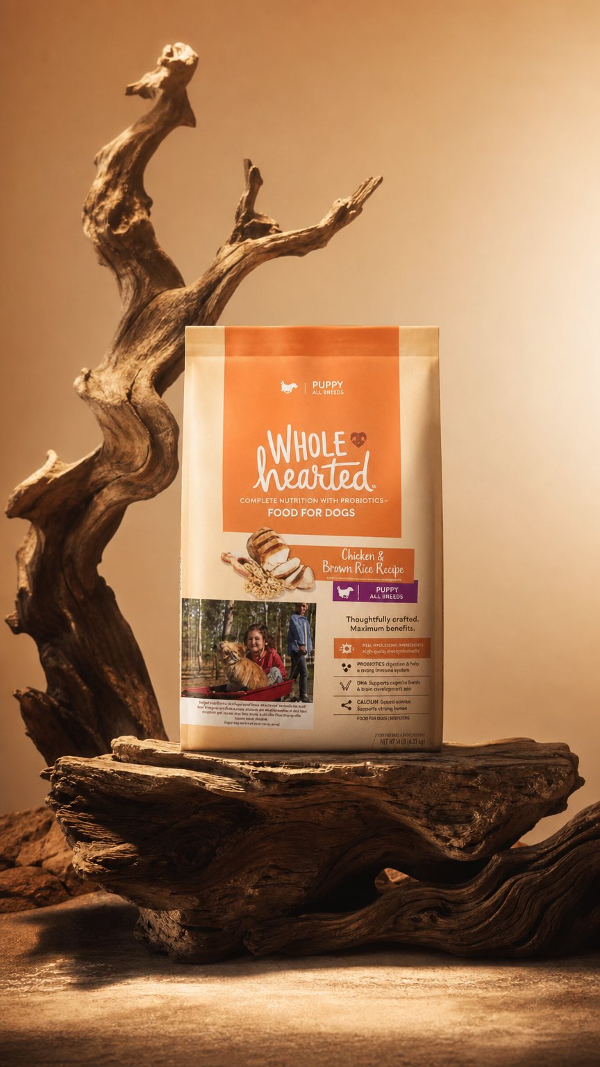 AI product shot of WholeHearted All Breed Chicken and Brown Rice Recipe Dry Puppy Food