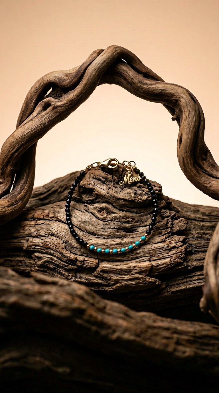 AI product shot of Tiny Black Onyx & Turquoise Bracelet