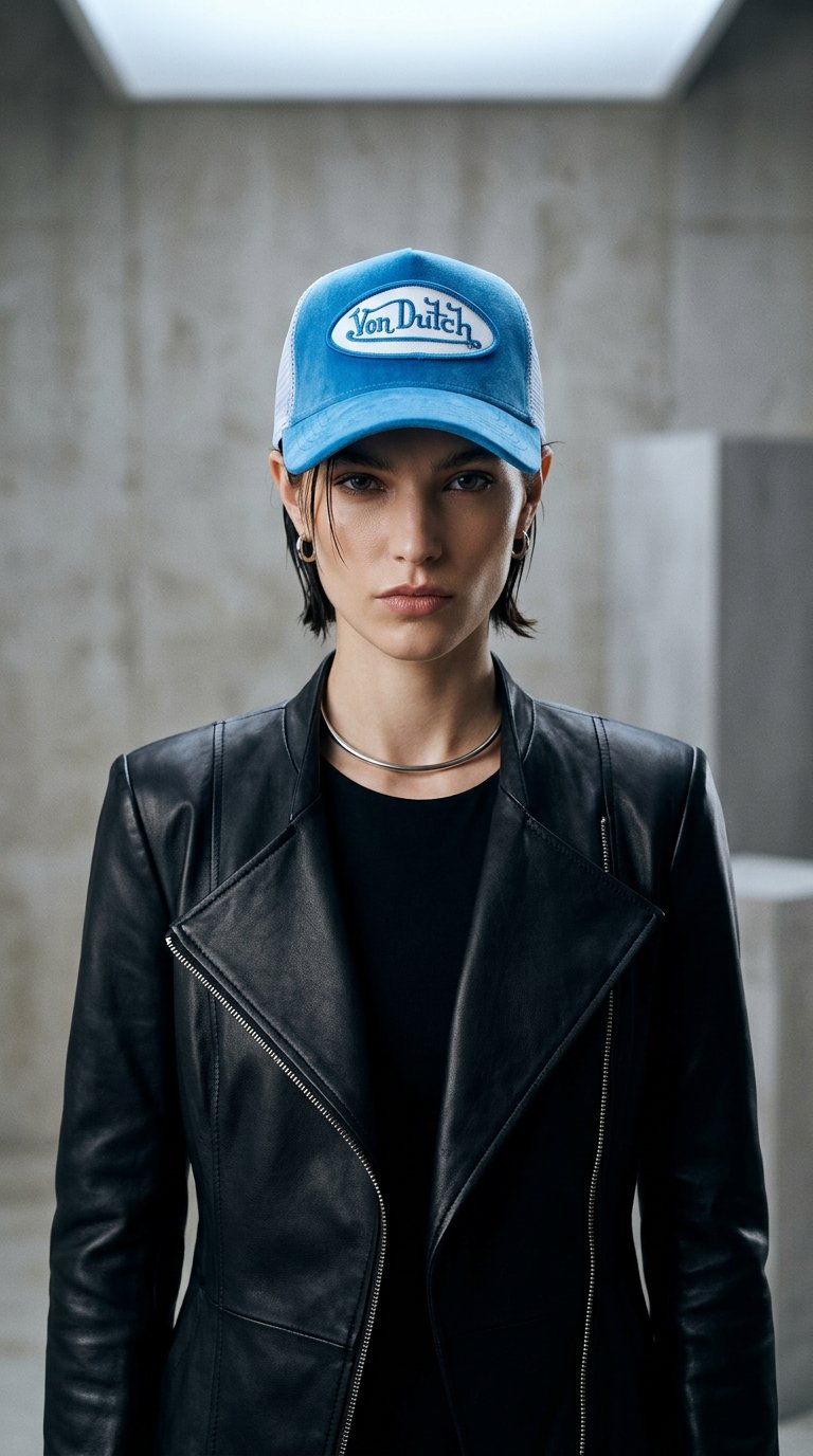 AI product shot of Blue Crush Velvet Trucker Hat
