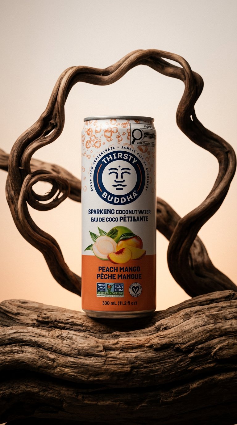 AI product shot of Sparkling Coconut Water with Peach Mango